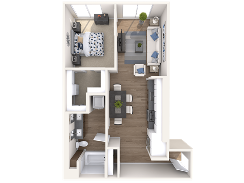 a 3d rendering of a bedroom with a living room and a dining room